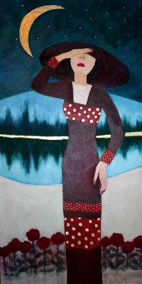 oil painting, woman and moon